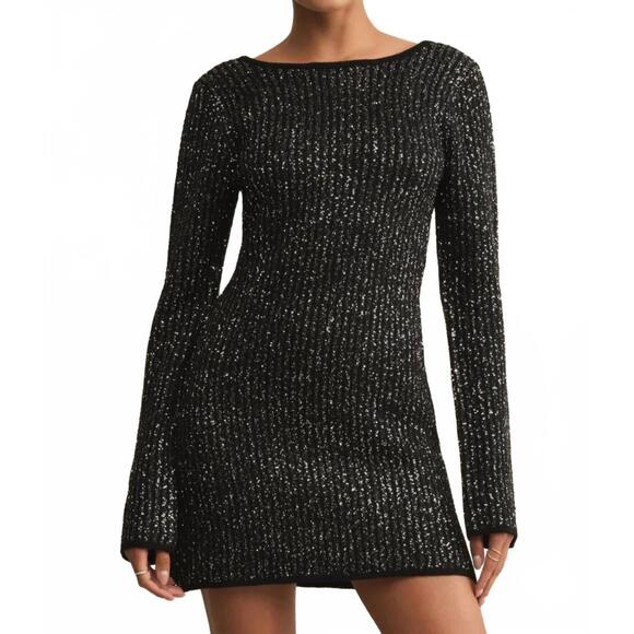 z supply sequin dress Z Supply La Marca Sequin Mini Dress Long Sleeve in Black | Women's Regular Size Large | Polyester